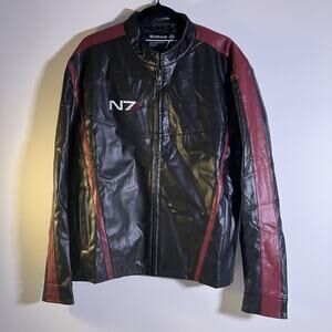 Mass Effect N7 Jacket Mens Large Black Red BioWare Faux Leather Gamer Cosplay